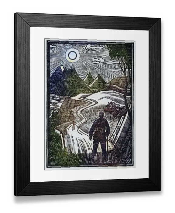 Framed Print : Woodcut on the front by Norman James from the book The Gentle Art of Tramping by Stephen Graham