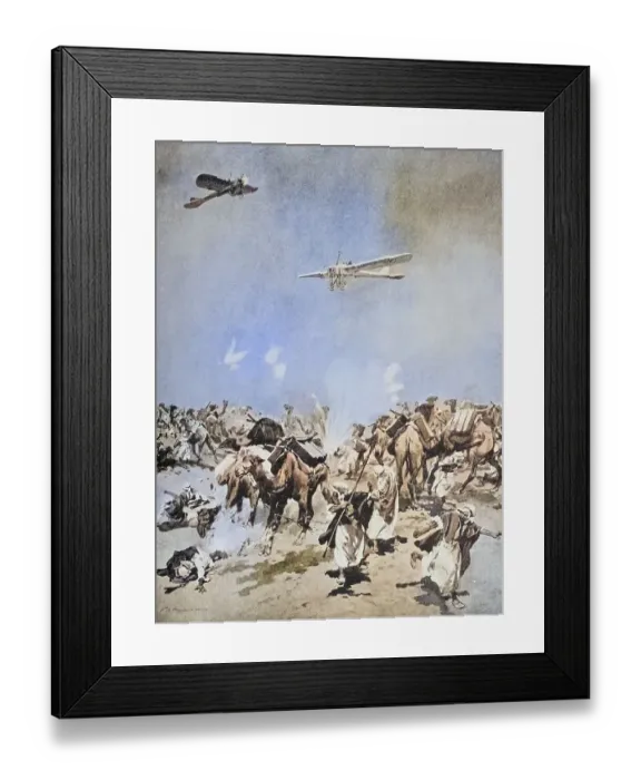 Framed Print : Ships of the air against ships of the desert: British aeroplanes bomb a Senussi camel convoy loaded with ammunition