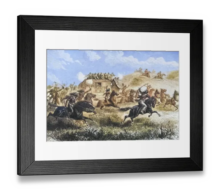 Framed Print : Indians attack a stagecoach transporting the US mail across the prairie in the 1860s
