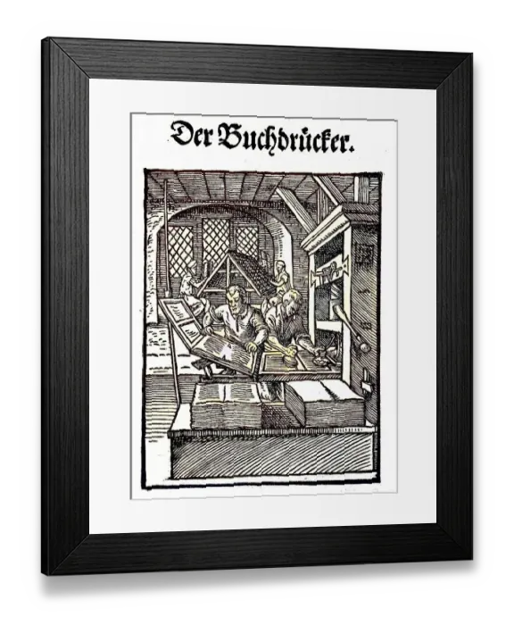 Framed Print : The title, Der Buchdrucker, the woodcut was created by Ammann