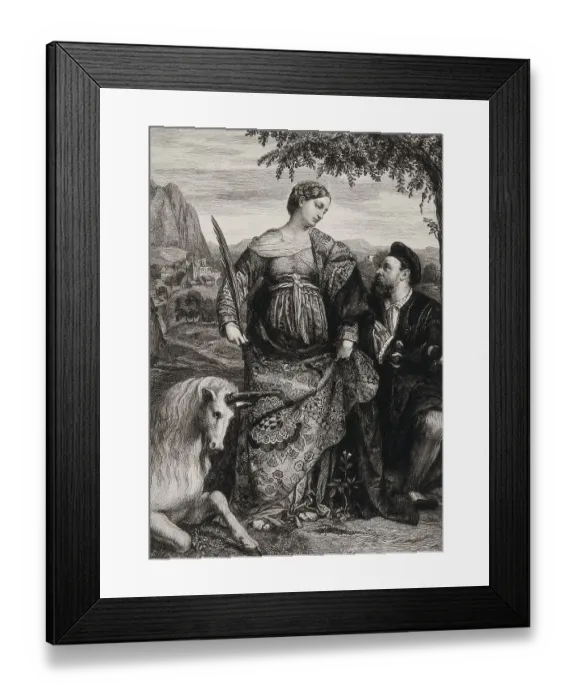 Framed Print : St Justina with a unicorn and a man praying to her