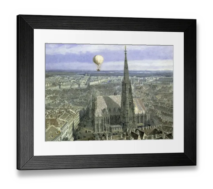 Framed Print : Hot air balloon flies over the city of Vienna and St Stephen's Cathedral Framed Print : Hot air balloon flies over the city of Vienna and St Stephen's Cathedral