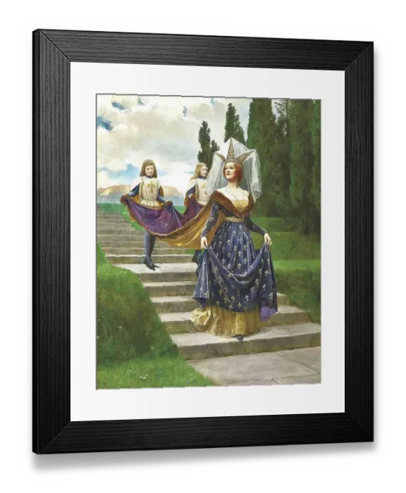 Framed Print : A queen in medieval dress strides down the stairs