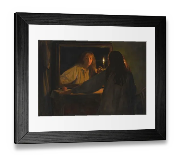 Framed Print : A girl looks at her reflection by candlelight