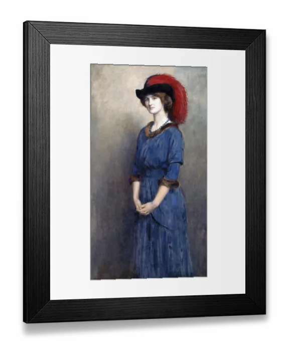 Framed Print : Portrait of a woman in a blue dress with a red hat and pearl necklace Framed Print : Portrait of a woman in a blue dress with a red hat and pearl necklace
