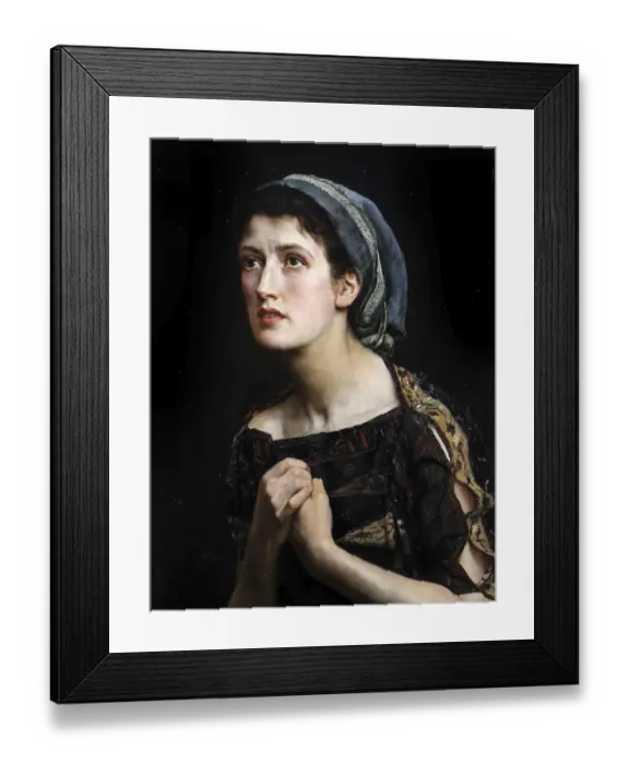 Framed Print : A woman wearing a headscarf holds her hands folded