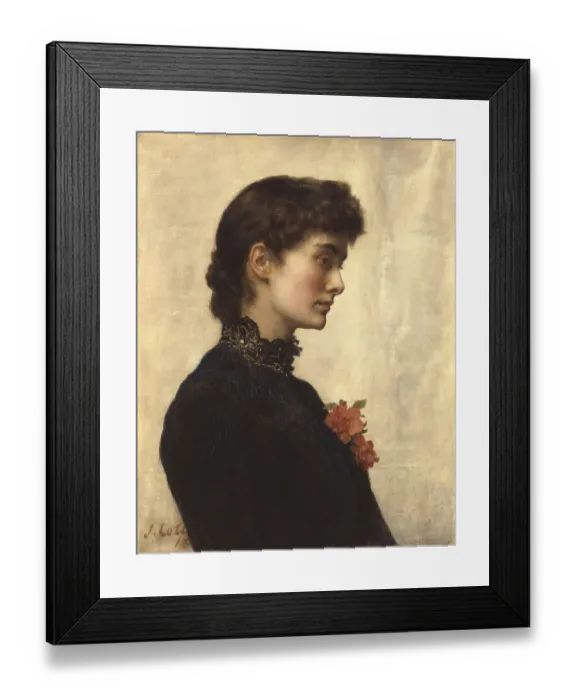 Framed Print : A portrait of a woman in profile with black clothing and a red flower against an ivory-coloured background