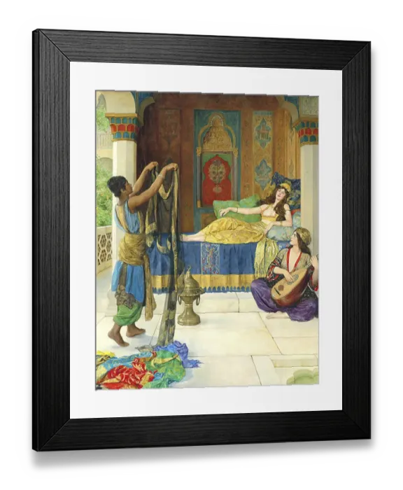 Framed Print : An oriental scene with a woman resting on a bed