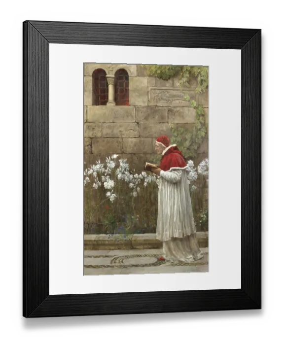 Framed Print : A pope in a white robe and red hat reads a book in a garden Framed Print : A pope in a white robe and red hat reads a book in a garden