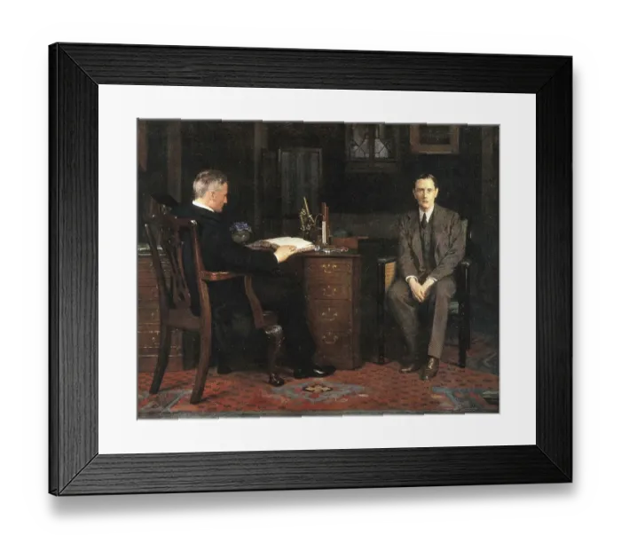 Framed Print : Two men are in an office, one sitting at a desk and the other on a chair Framed Print : Two men are in an office, one sitting at a desk and the other on a chair