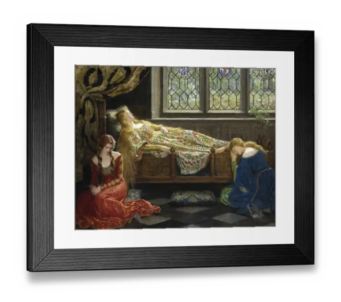 Framed Print : A woman sleeps on an ornately decorated bed while two other woman sit beside her Framed Print : A woman sleeps on an ornately decorated bed while two other woman sit beside her