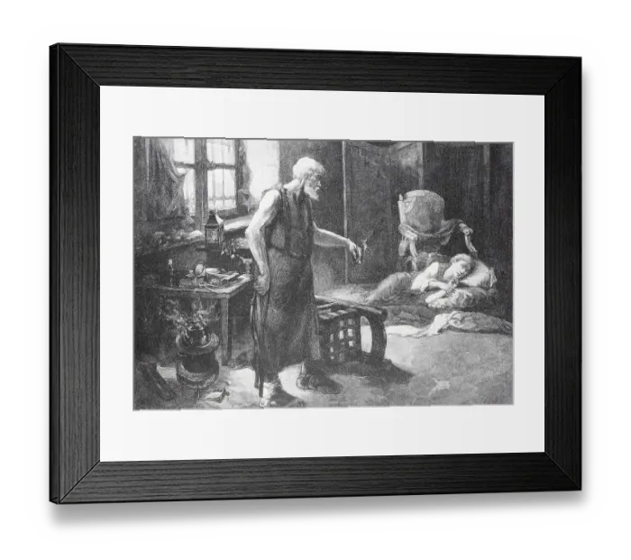 Framed Print : An old man stands in a dark room next to a sleeping person in bed Framed Print : An old man stands in a dark room next to a sleeping person in bed