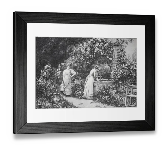Framed Print : Two woman working in a flowery garden at a fountain