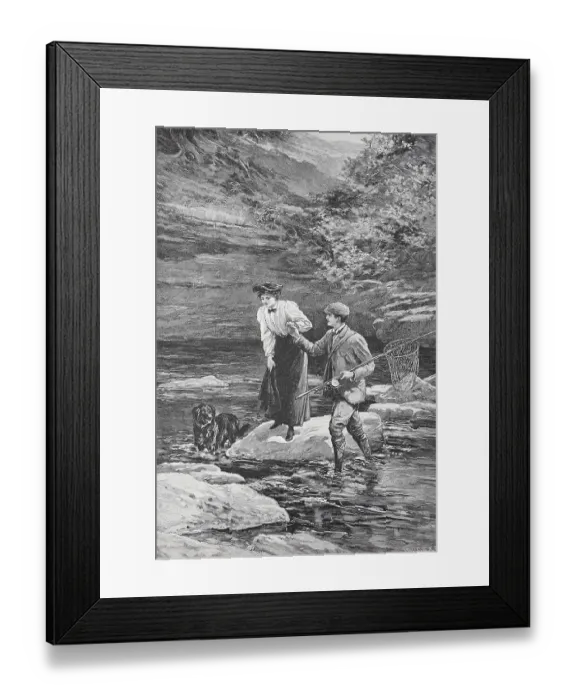 Framed Print : A man helps a woman to cross a river