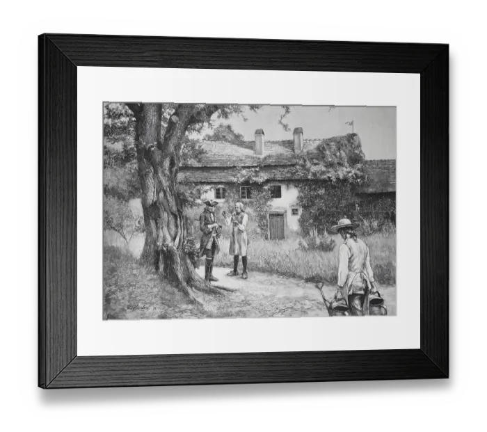 Framed Print : Men standing in a garden in front of a country house Framed Print : Men standing in a garden in front of a country house