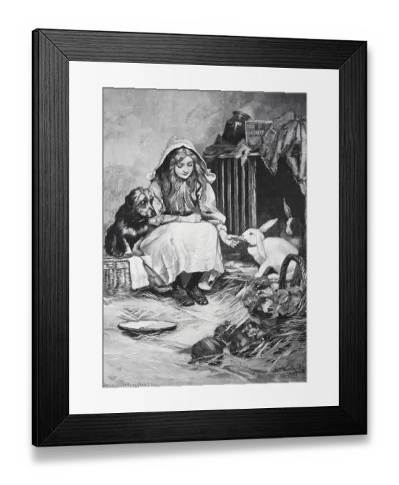 Framed Print : Girl with a dog and rabbit in a hut Framed Print : Girl with a dog and rabbit in a hut