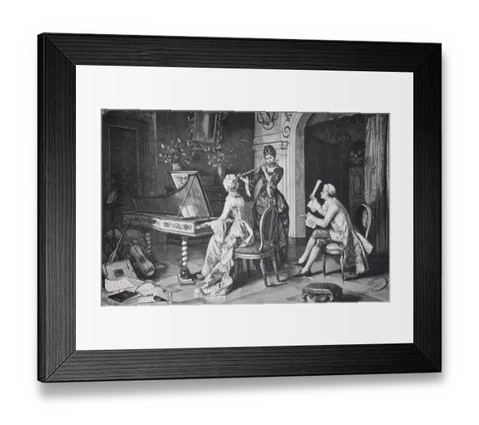 Framed Print : Music lessons, Women and a man playing musical instruments in an elegant baroque parlour