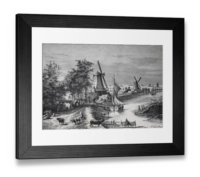Framed Print : Windmills and boats by a river in an idyllic rural landscape with people and animals Framed Print : Windmills and boats by a river in an idyllic rural landscape with people and animals
