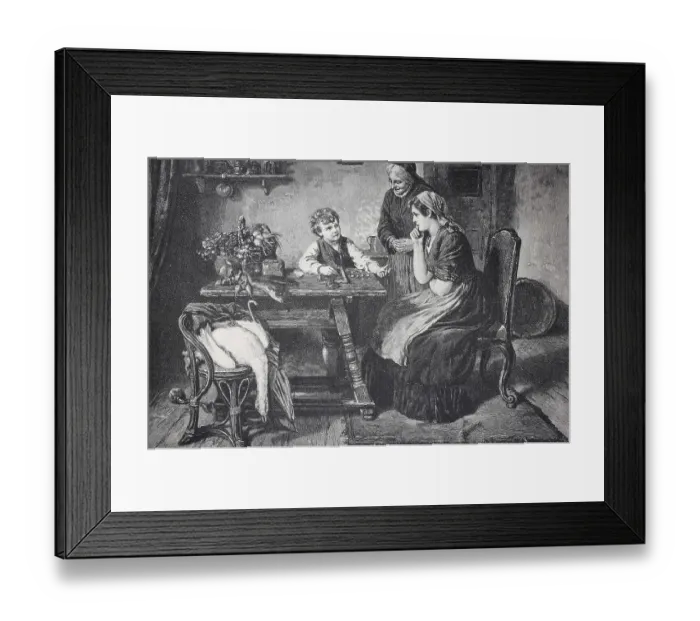 Framed Print : A historical interior with a family consisting of a woman