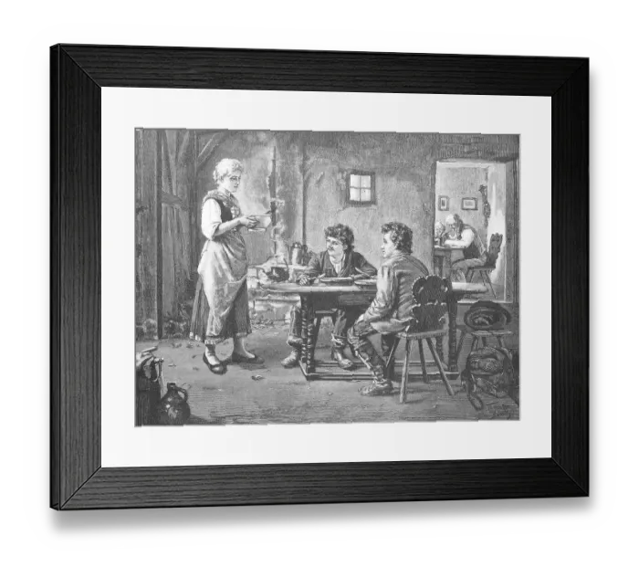 Framed Print : In a farmhouse, the farmer's wife serves a bowl of soup to two travellers