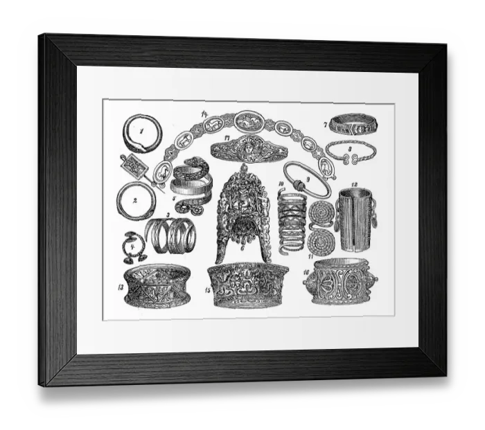 Framed Print : Arm jewellery, Egyptian (1), Roman (2-5) Framed Print : Arm jewellery, Egyptian (1), Roman (2-5)