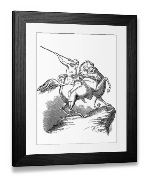 Framed Print : Woman, Amazon on horseback fighting a lion