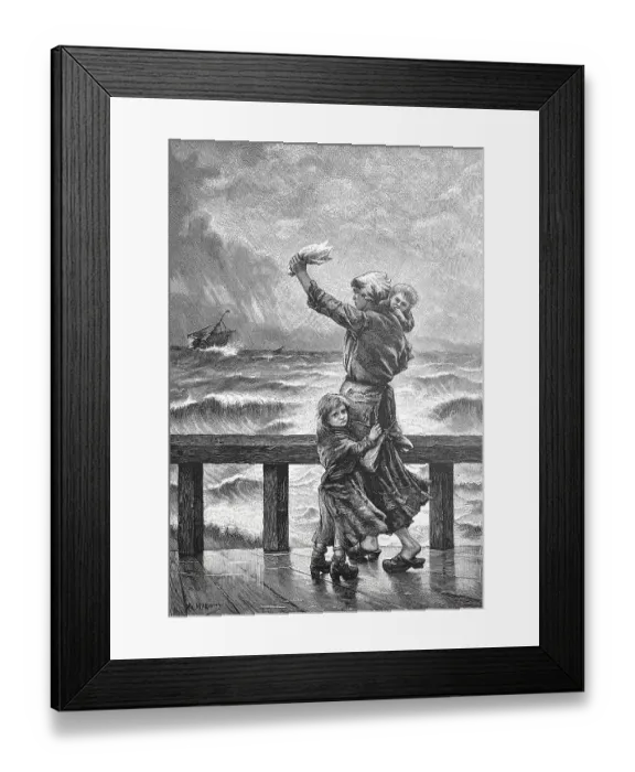 Framed Print : Farewell, Woman with children waving after a ship Framed Print : Farewell, Woman with children waving after a ship