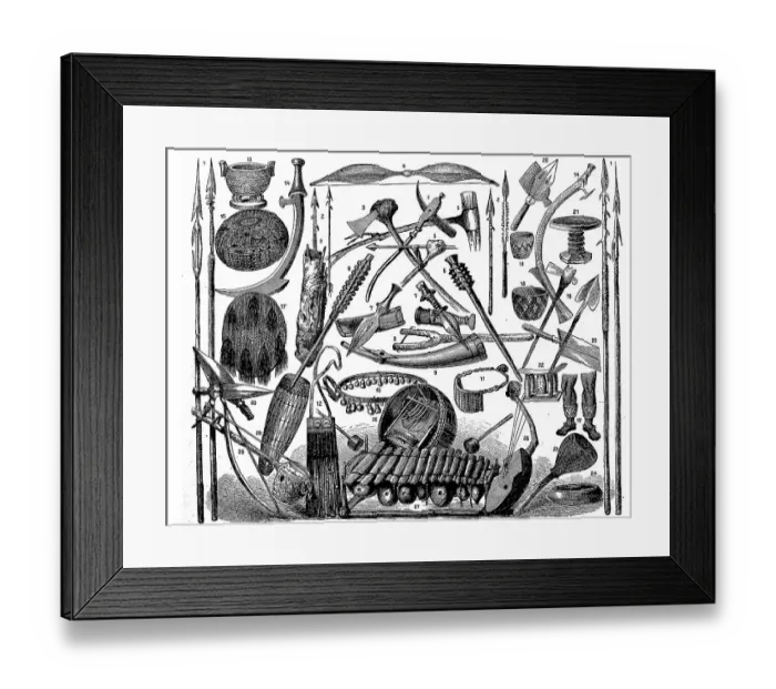 Framed Print : Tools, instruments, jewellery and weapons of the African peoples in 1880 Framed Print : Tools, instruments, jewellery and weapons of the African peoples in 1880