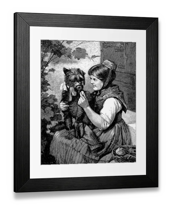 Framed Print : Girl with knitting, playing with her little dog Framed Print : Girl with knitting, playing with her little dog