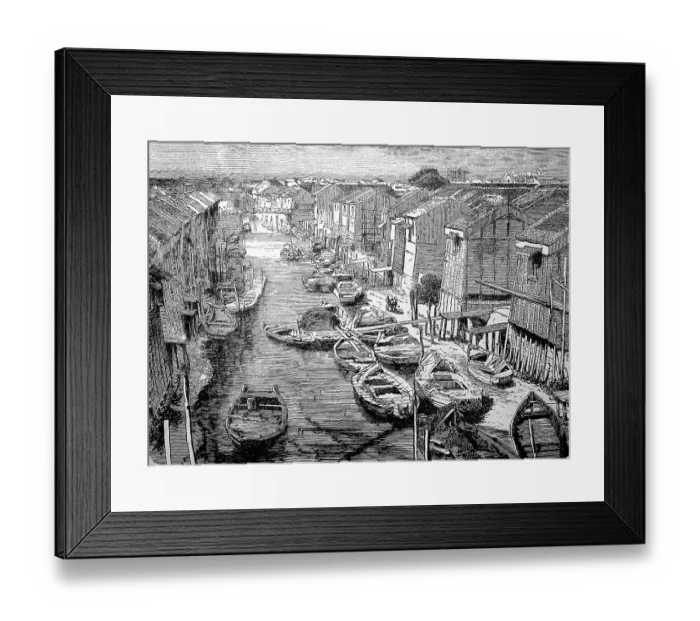 Framed Print : Japan in the late Middle Ages, Boats and houses on the canal to Jedo Framed Print : Japan in the late Middle Ages, Boats and houses on the canal to Jedo