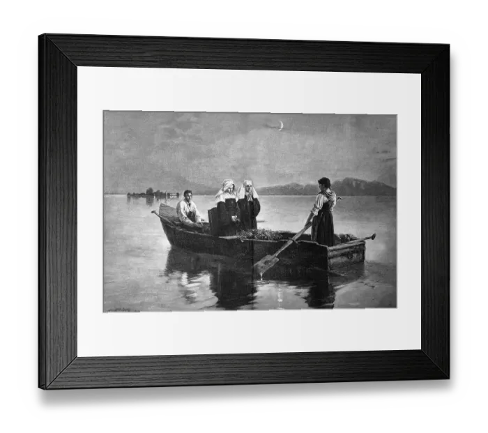 Framed Print : Two nuns in a boat, ferry across a lake in the evening