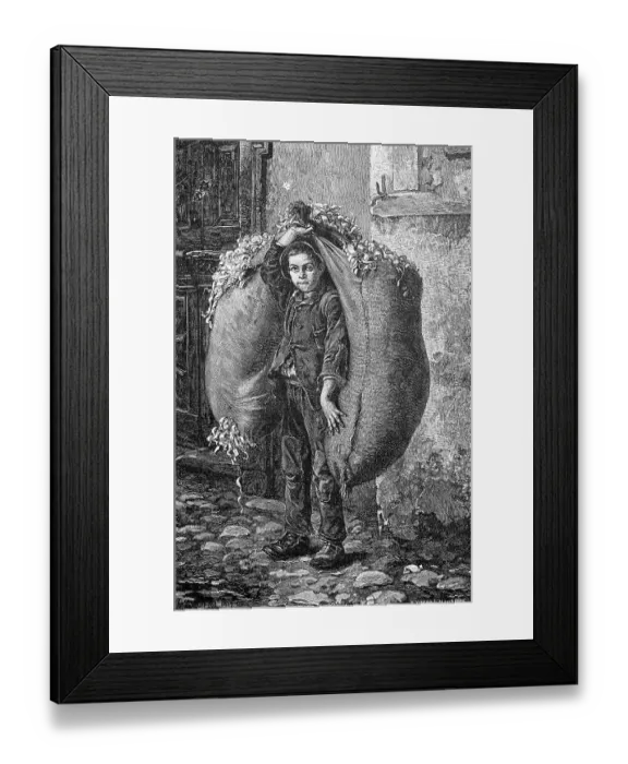 Framed Print : Poor boy as street vendor, selling wood shavings Framed Print : Poor boy as street vendor, selling wood shavings