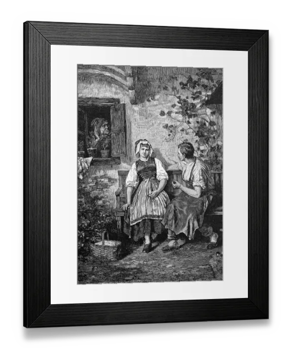 Framed Print : Eavesdropped love, young couple flirting on a bench in front of the house