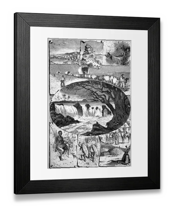 Framed Print : Picture tableau on the subject of Southern Africa from an encyclopaedia from 1880 Framed Print : Picture tableau on the subject of Southern Africa from an encyclopaedia from 1880