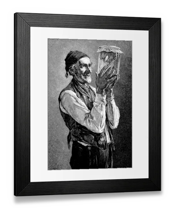 Framed Print : Old man holding a glass with a weather frog and predicting good weather Framed Print : Old man holding a glass with a weather frog and predicting good weather