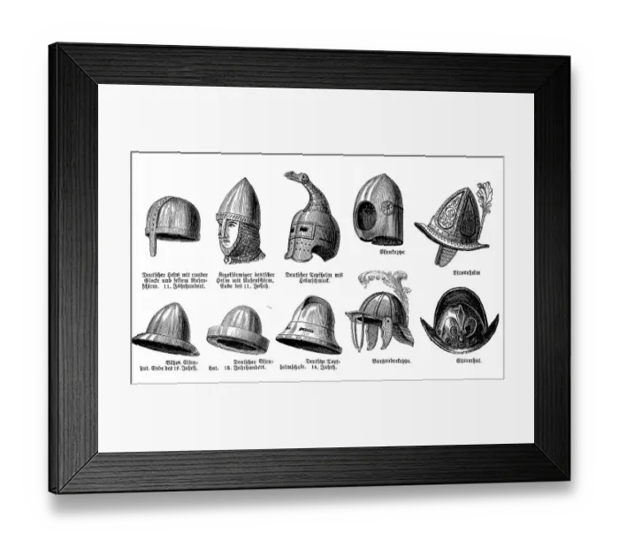 Framed Print : Helmets from various periods from the 11th century to the 18th century Framed Print : Helmets from various periods from the 11th century to the 18th century