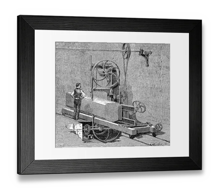 Framed Print : Sawmill, woodworking, band saw from 1880