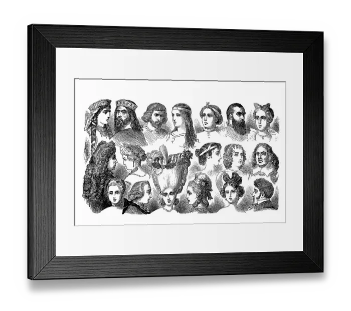 Framed Print : Hair costumes from the 6th century to the 18th century Framed Print : Hair costumes from the 6th century to the 18th century