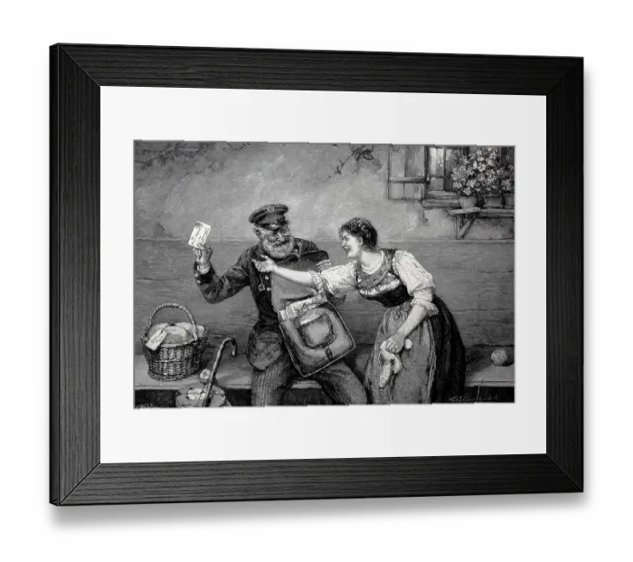 Framed Print : Postman teasing the recipient, who has been waiting a long time for the post