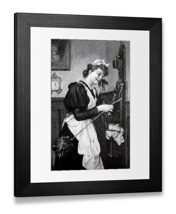 Framed Print : Maid using the telephone on 1 January for a New Year's greeting