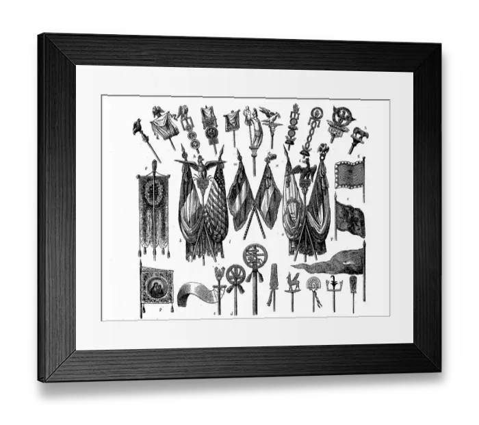 Framed Print : Flags, war flags, military flags and field insignia from different eras Framed Print : Flags, war flags, military flags and field insignia from different eras