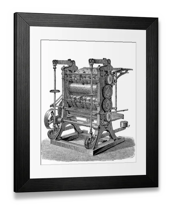Framed Print : Calender, a system of several heated and polished steel rollers arranged on top of each other