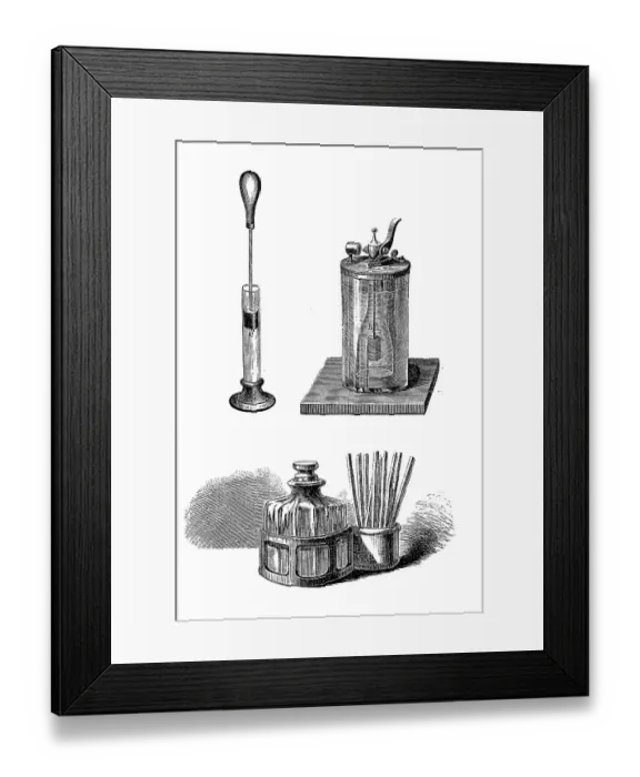 Framed Print : Lighters, Pneumatic lighter, Doebereiner's platinum lighter and chemical lighter