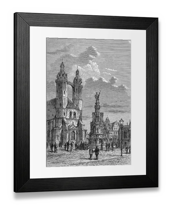 Framed Print : The war memorial and St Mary's Church in Halle