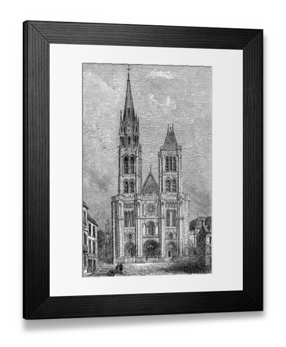 Framed Print : The cathedral of Saint Denis, west facade in front of the demolition of the damaged north tower in 1844 / 45