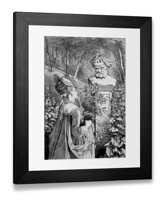 Framed Print : At the satyr in the park, woman standing in front of a bust