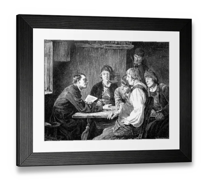 Framed Print : Group of six men discussing a letter from the king in a village pub