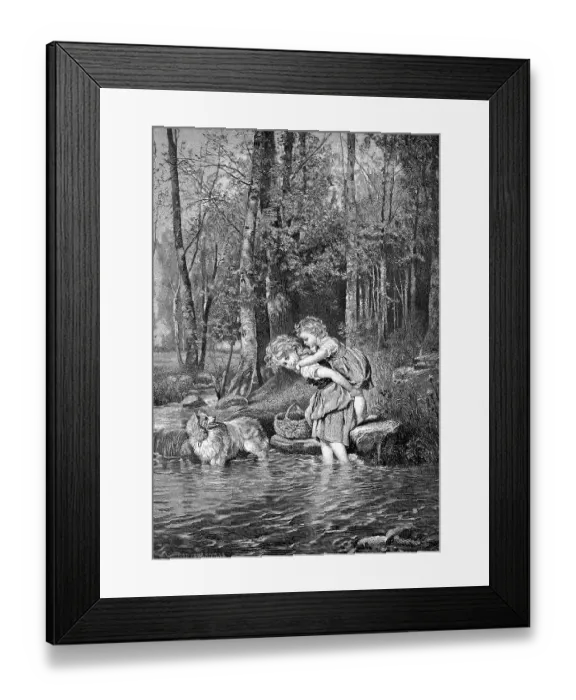 Framed Print : Girl carries little sister piggyback through a stream Framed Print : Girl carries little sister piggyback through a stream