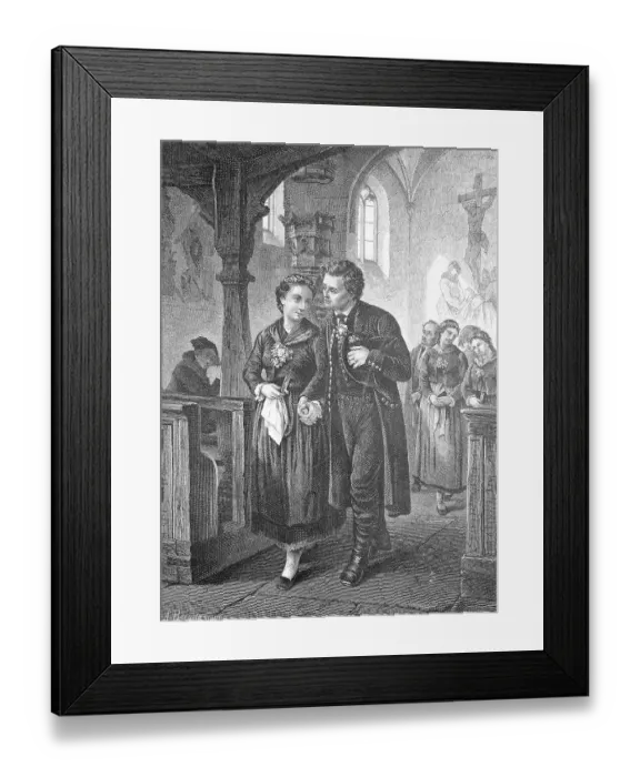 Framed Print : After the wedding ceremony, newly married couple leaving the church