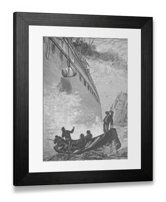 Framed Print : A large sea steamer gives provisions to a distressed sailing ship in the middle of the ocean
